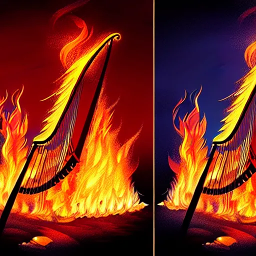 Image similar to in the lower part of the picture is the harp burning in the fire, above are cranes flying in flames, digital painting, concept art