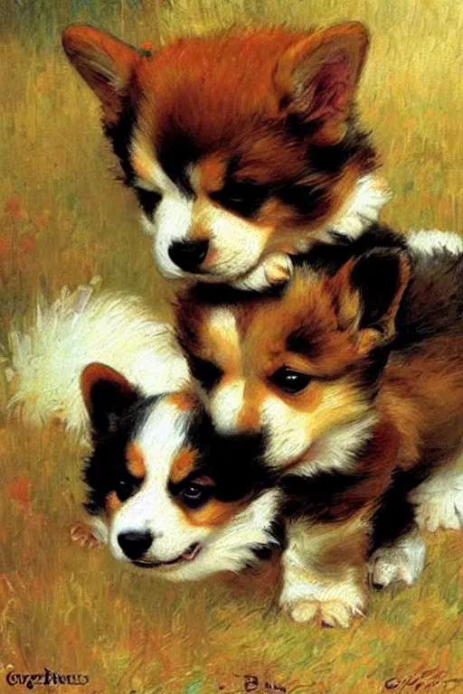 Image similar to adorable corgi puppies, painting by gaston bussiere, craig mullins