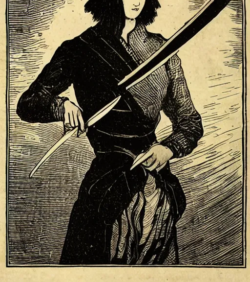 Image similar to 19th century wood-engraving of Ryūko Matoi cosplayer holding Scissor Blade, whole page illustration from Jules Verne book, art by Édouard Riou Jules Férat and Henri de Montaut, frontal portrait, high quality, beautiful, removed watermarks