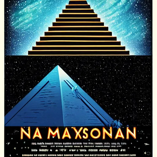 Prompt: an advertisement for a concert with a man climbing up the steps of a Mayan Pyramid, Stars, nebula and comet with a long tail in the night sky behind the pyramid, an album cover by Jeremy Henderson, featured on deviantart, underground comix, concert poster, diorama, poster art