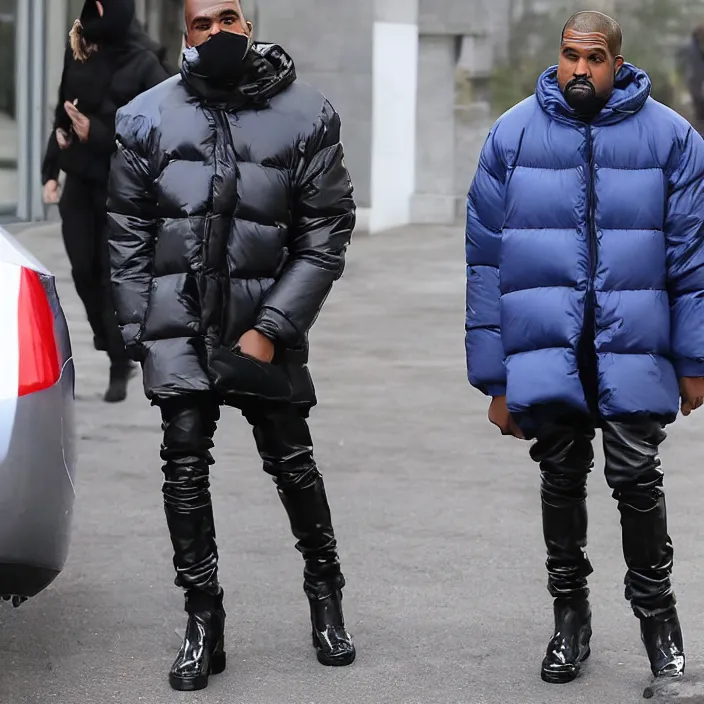 Image similar to kanye west using a full face covering black mask, a small, tight, child size reflective bright blue round puffer jacket made of nylon and big black balenciaga rubber boots,