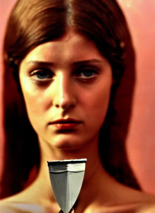 Prompt: 1971 film still from an Italian drama film of a young French actress as the goddess of razor blades. ultra detailed painting at 16K resolution and amazingly epic visuals. epically beautiful image. amazing effect, image looks gorgeously crisp as far as it's visual fidelity goes, absolutely outstanding. vivid clarity. ultra. iridescent. mind-breaking. mega-beautiful pencil shadowing. beautiful face. Ultra High Definition. godly shading. amazingly crisp sharpness. photorealistic film cel processed twice..