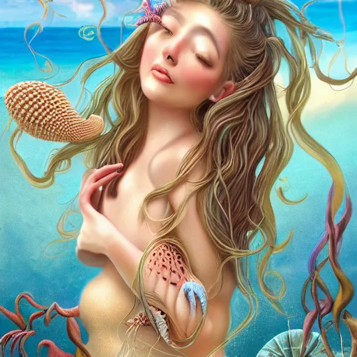 Prompt: detailed matte painting of a beautiful woman with long wavy hair entwined with ocean shells, corals, starfish, pearls, small crab, with the sea and islands in the background by maxine Gadd, 8k resolution, vivid,