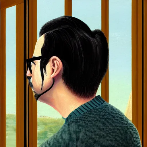 Image similar to An Oil Painting of the back view of Rivers Cuomo in a sweater with long hair and a mustache sweating bullets as he looks outside his window in front of him in his apartment to see kim jong un's nukes falling onto the city, hyperrealistic, extremely realistic, highly realistic, HD Quality, 4k resolution, 8k resolution, Detailed, Very Detailed, Highly Detailed, Extremely Detailed, Intricate Details, Real, Very Real, Oil Painting, Digital Painting, Painting, Trending on Deviantart, Trending on Artstation