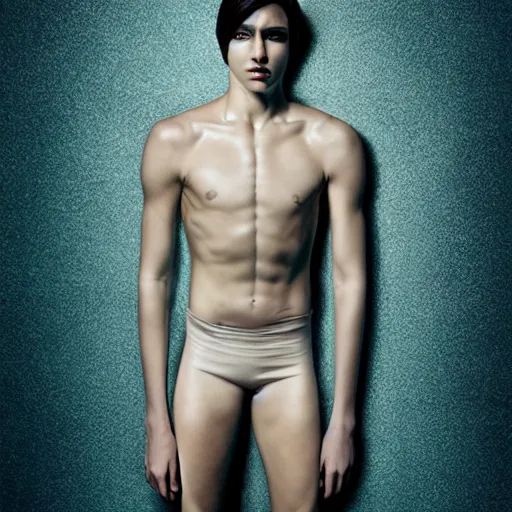 Image similar to an holographic beautiful young athletic male ghost, photographed by erwin olaf