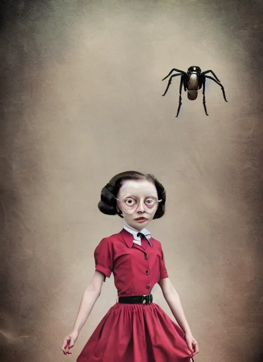 Prompt: surreal portrait of a girl whose head is a tarantula and whose body is dressed in a 1950s school dress, inspired by Mark Ryden and Marion Peck, hints of Cronenberg