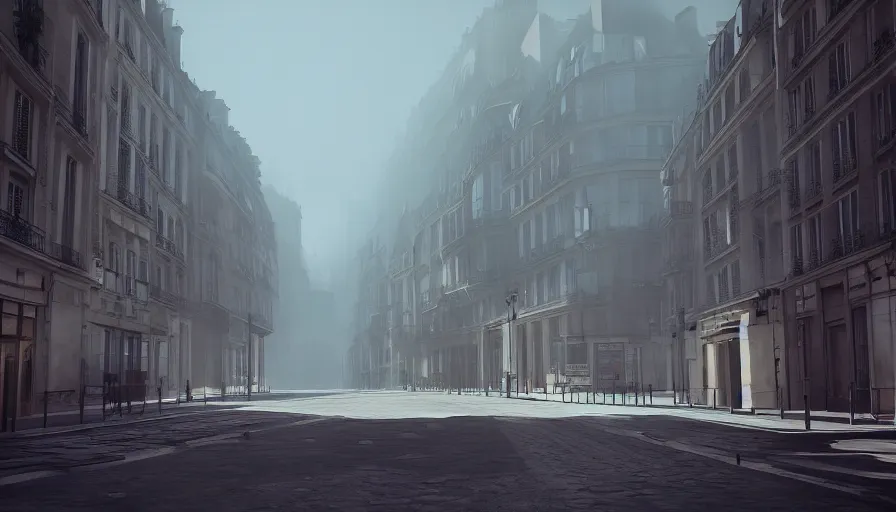 Prompt: empty paris streets, heat wave, volumetric light, abandoned, hyperdetailed, artstation, cgsociety, 8 k