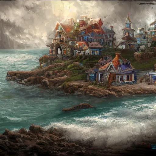 Prompt: a seaside village, detailed, fantasy style, stormy day, trending on artstation