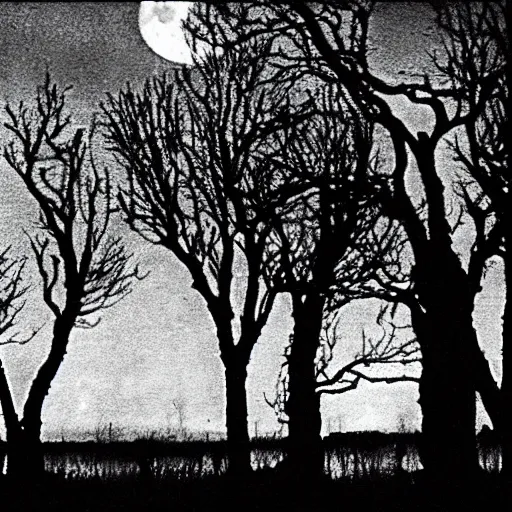 Prompt: kate bush.. folk horror. eerie. winter scene. full harvest moon