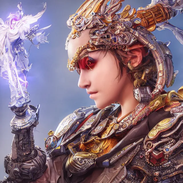 Image similar to studio portrait of lawful good colorful female holy mech paladin as absurdly beautiful, sophisticated, young gravure idol, ultrafine hyperrealistic detailed face illustration by kim jung gi, irakli nadar, intricate linework, sharp focus, bright colors, matte, octopath traveler, final fantasy, unreal engine highly rendered, global illumination, radiant light, intricate environment