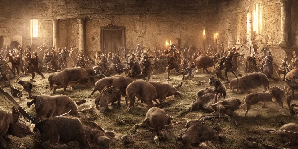 Image similar to Wild boars in masonic lodge during a medieval battle in Portlligat, telltale style, realistic 4k octane beautifully detailed render, 4k post-processing, highly detailed, intricate complexity, epic composition, magical atmosphere, cinematic lighting, masterpiece, ultra hd