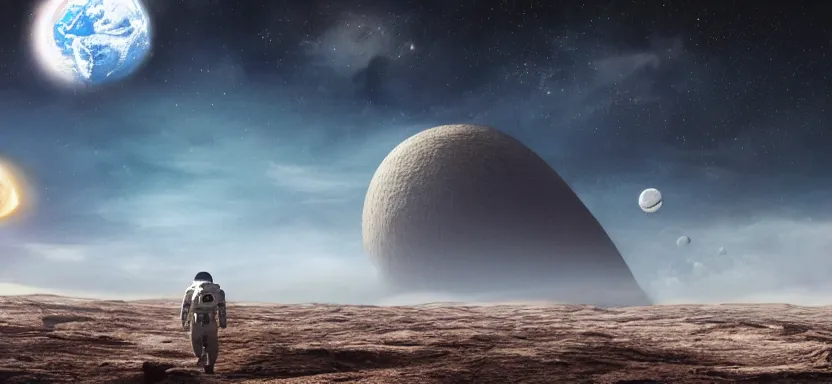 Prompt: matte painting of an astronaut walking in a marcian landscape, at the background is the earth