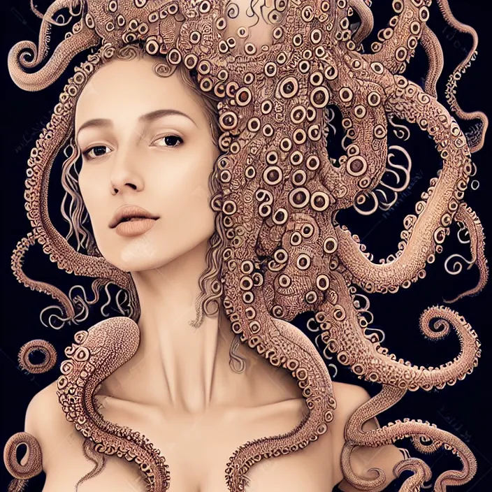 Image similar to photo portrait of a beautiful woman like a queen- octopus-dressed in long elegant intricate ornamental ethereal dress, natural skin tone, intricate mandelbrot fractal highly detailed tentacles ornament in the upper side of breast, bust with a very long neck , hair are wired tentacles, elegant, highly detailed intricate jellyfishes ornament in her long hair, Realistic, Refined, Highly Detailed, natural soft lighting colors scheme, fine art photography by Tim Walker, volumetric lighting, hyper realistic photography, 8 k