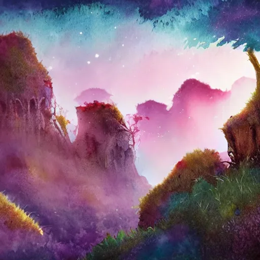 Image similar to beautiful lush natural scene on another planets cliffs, with interesting creatures. different than earth but beautiful. lightfall. beautiful detailed artistic watercolor 8 k hd. trending on artstation and deviantart.