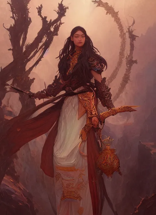 Prompt: xianxia hero, epic, fantasy, orientalist, intricate, elegant, highly detailed, digital painting, artstation, concept art, matte, sharp focus, illustration, art by greg rutkowski and alphonse mucha