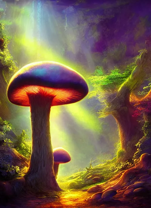Image similar to painting of a magic mushroom , beautiful lighting, god rays, fantasy art, matte painting