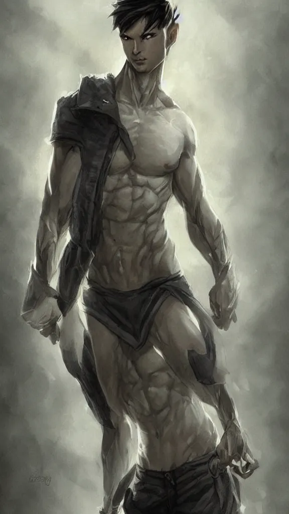 Image similar to a cute calm handsome young adult male muscular slim blu skin elf with grey light tight clothes concept art in the style of lee bermejo and greg rutkowski