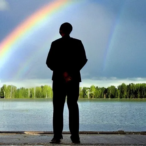 Prompt: blind man seeing rainbow for the first time