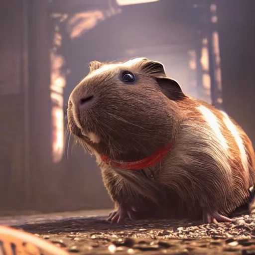 Image similar to guinea pig in gears of war, splash art, movie still, detailed face, photorealistic facial features, cinematic lighting, dramatic, octane render, long lens, shallow depth of field, bokeh, anamorphic lens flare, 8 k, hyper detailed, 3 5 mm film grain