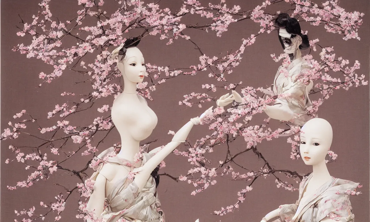 Image similar to a portrait of a beautiful female mannequin, a jointed wooden art doll with long flowing hair, holding paper fans, cherry blossom, plum blossom, flowing silk robes, by Yoshitaka Amano