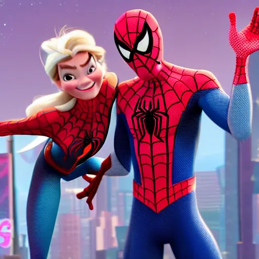 Prompt: spiderman and pregnant princess elsa go on an adventure, cinematic render, into the spiderverse 2 0 1 8, sony animation official media