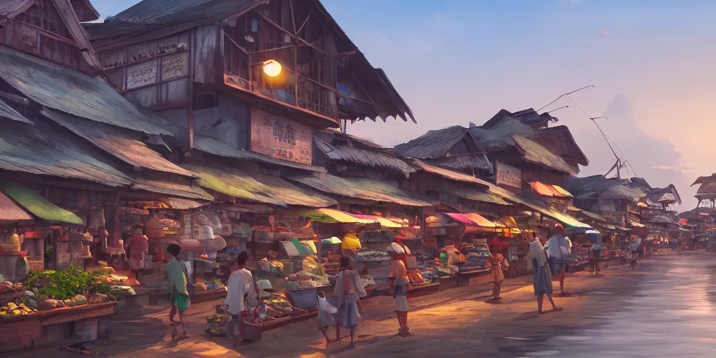 Image similar to shops at pulau indah fishing village, early morning, detailed matte painting, low angle view, telephoto lens, bokeh, studio ghibli, artstation