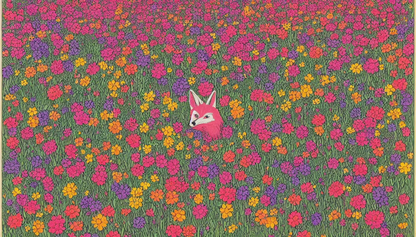 Image similar to pink fox head popping out of a field of multi colored flowers by moebius