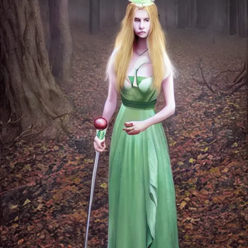 Image similar to a realistic portrait of a realistic female elf with a long withe and light green dress holding a scepter walking in the woods , perfect and hyperrealistic ultra detailed face, by WLOP