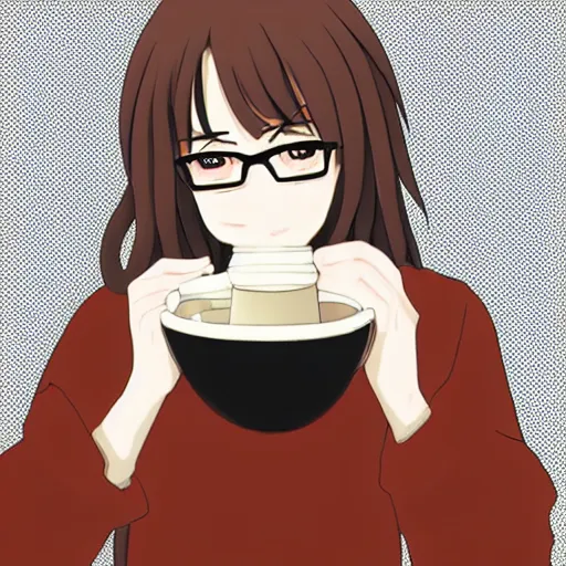 Prompt: An anime drawing of a beautiful woman with curly dark brown hair, brown eyes, and glasses, drinking from a mate cup