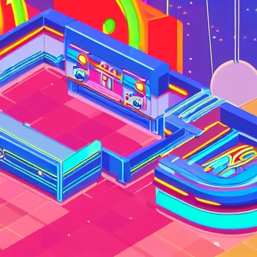 Prompt: Liminal space in outer space, Googie Kitsch aesthetic, colorful isometric, animusic complex machine, at night with neon lights, googie motifs, isometric perspective