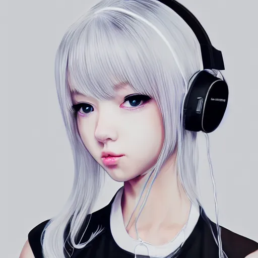Image similar to realistic teasing detailed semirealism beautiful gorgeous cute Blackpink Lalisa Manoban white hair white cat ears blue eyes, wearing black camisole outfit, headphones, black leather choker full HD 4K high resolution quality WLOP, Aztodio, Taejune Kim, Guweiz, Pixiv, Instagram, Artstation