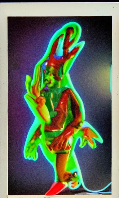 Image similar to colorful crystal gary busey creature, 9 0 s toy commercial, photo from the 7 0 s, horror lighting, neon lighting, polaroid photo,