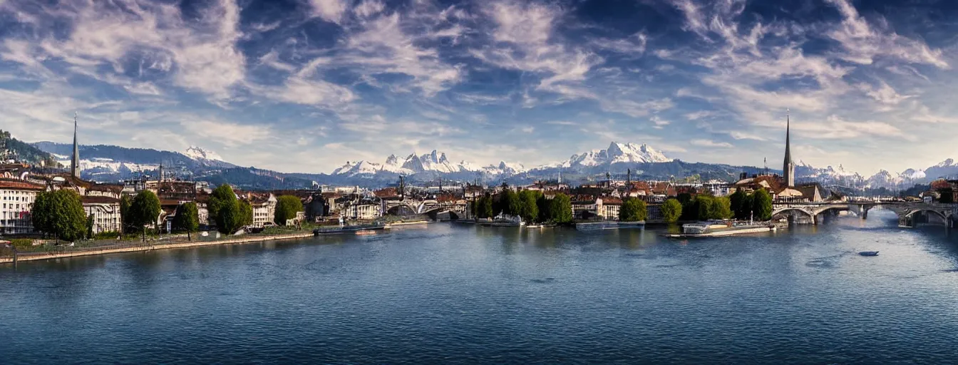 Image similar to Digital painting of Zurich, looking down the Limmat and the lake and the alps, wide angle, volumetric light, hyperdetailed, light blue water, artstation, cgsociety, 8k