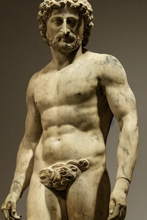 Image similar to an ancient greek marble statue of actor gerard butler, painted in reconstructed original colors, courtesy of the british museum