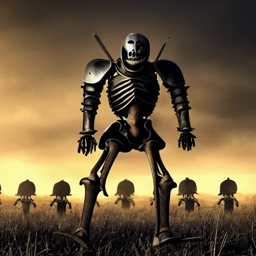 Prompt: in the style of shannon perry, a skeleton knight in black full plate armor standing on the battlefield surrounded by dead bodies, golden hour, shallow depth of field, moody lighting, 8 k, concept art,