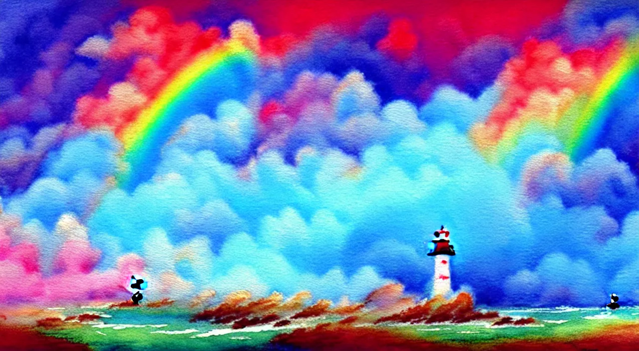 Prompt: A beautiful landscape with rainbow smoke plumes, cyan cliffs, a crimson lighthouse, vivid landscape, award-winning anime style, wallpaper, relaxing, Watercolor expressionist