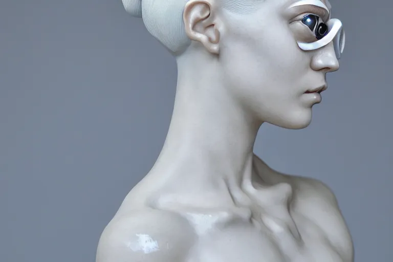 Image similar to full head and shoulders, beautiful female porcelain sculpture with lots of 3 d cyborg elements, prosthetics, 3 d goggles, smooth, all white features on a white background, delicate facial features, white eyes, white lashes, detailed white, anatomical, by daniel arsham and james jean