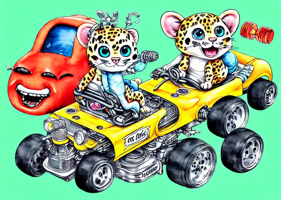 Image similar to cute and funny, baby leopard riding in a tiny go kart with oversized engine, ratfink style by ed roth, centered award winning watercolor pen illustration, isometric illustration by chihiro iwasaki, edited by range murata, tiny details by artgerm and watercolor girl, symmetrically isometrically centered