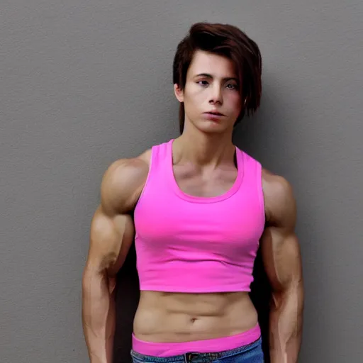 Prompt: high - quality photo of an attractive muscular, completely androgynous woman wearing a pink tank top