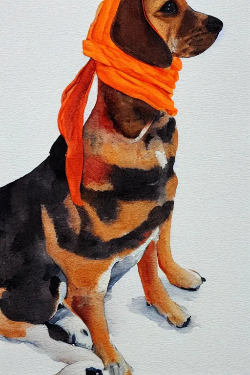 Image similar to beagle, in the snow, with an orange scarf, watercolor