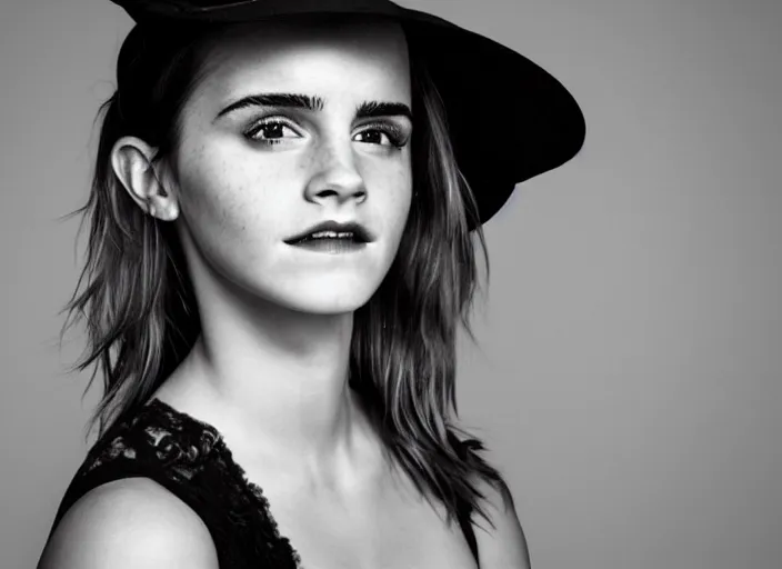 Image similar to photo portrait of emma watson with a funny hat, serious face, black and white, beautiful