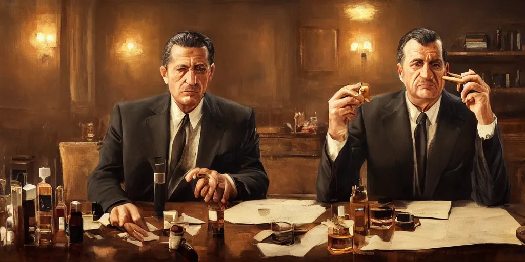 Image similar to beautiful oil matte portrait painting, mafia boss holding a cigar and drinking whiskey at his 5 0 s new york office desk, wonderful masterpiece highly detailed, beautiful cinematic light deep focus, elegant, digital painting, smooth, sharp focus, golden ratio, dramatic illumination, ultra realistic, 8 k, art by jimmy law