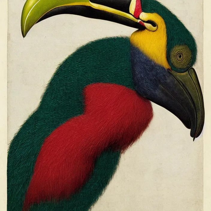 Image similar to close up portrait of a mutant monster creature with exotic toucan beak, twenty arachnid eyes, fair skin tone. by jan van eyck, walton ford