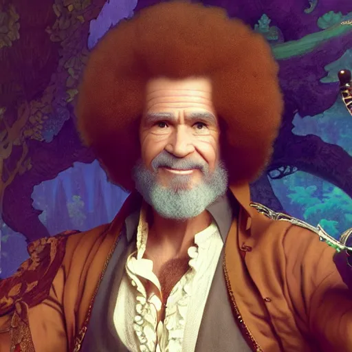 Image similar to an ultra detailed vector image of bob ross dressed as a fantasy bard, d & d, epic fantasy, concept art by alphonse mucha and greg rutkowski, octane render, 8 k, detailed face