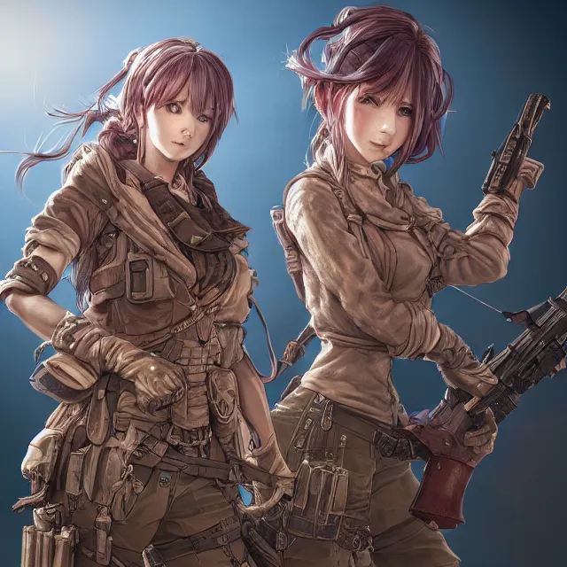 Image similar to the portrait of lawful neutral semi - colorful female infantry gunner as absurdly beautiful, gorgeous, elegant, young anime girl, an ultrafine hyperdetailed illustration by kim jung gi, irakli nadar, intricate linework, bright colors, octopath traveler, final fantasy, unreal engine 5 highly rendered, global illumination, radiant light, detailed and intricate environment