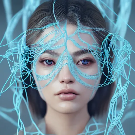 Prompt: intricate highly detailed face portrait of asian - european woman, light blue plastic vines on her face, intricate, cgsociety, unreal engine, octane render, sharp focus, smooth, volumetric lighting, cinematic composition, artstation