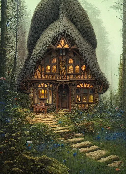 Image similar to hyper realistic homely ornate modern witch cottage far away in the woods gorgeous lighting, blue sky, highly detailed, lush forest by zdzisław beksinski and norman rockwell and greg rutkowskiweta studio, and lucasfilm