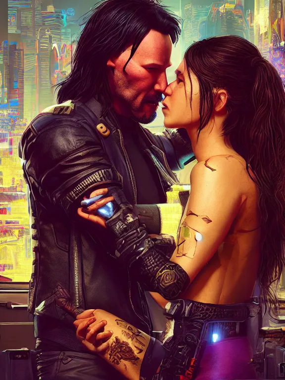 Prompt: a cyberpunk 2077 couple portrait of Keanu Reeves and V,love story,film lighting,by laurie greasley,Lawrence Alma-Tadema,William Morris,Dan Mumford,trending on atrstation,FAN ART,full of color,Digital painting,face enhance,highly detailed,8K, octane,golden ratio,cinematic lighting