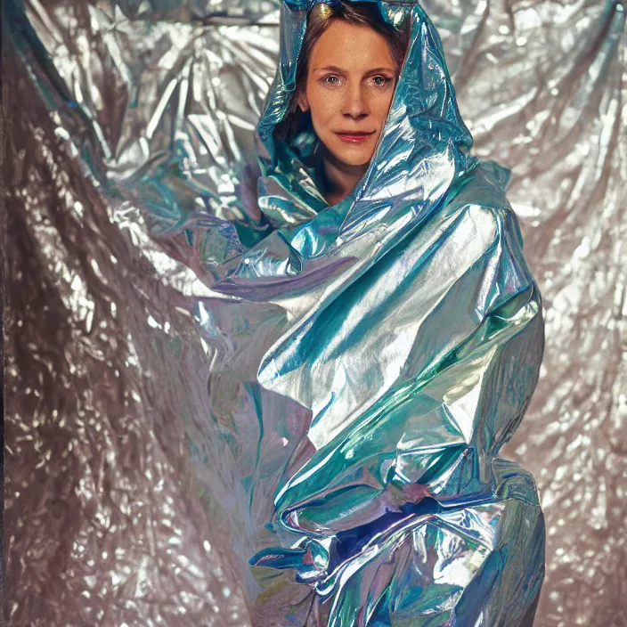 Image similar to closeup portrait of a woman wrapped in an iridescent mylar foil blanket, standing in a grocery store, dirty grocery store, grungy grocery store, color photograph, by vincent desiderio, canon eos c 3 0 0, ƒ 1. 8, 3 5 mm, 8 k, medium - format print