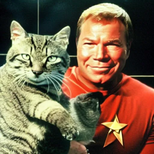 Prompt: william shatner as Captain Kirk, stroking a cat, while plotting the eradication of his enemies. photo. hyper-real